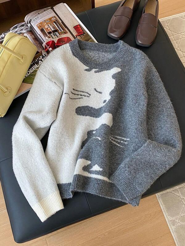 1pc Cartoon Pattern Crew Neck Cute Soft & Cozy Casual Pullover Long Sleeve Knit Sweater