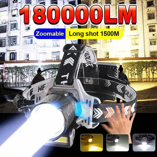 NEW Super Bright LED Headlamp IR Sensor Camping Headlight 180000LM High Power Head Flashlight Zoomable Long Shot 1500m Head Lamp Waterproof Camping Lantern