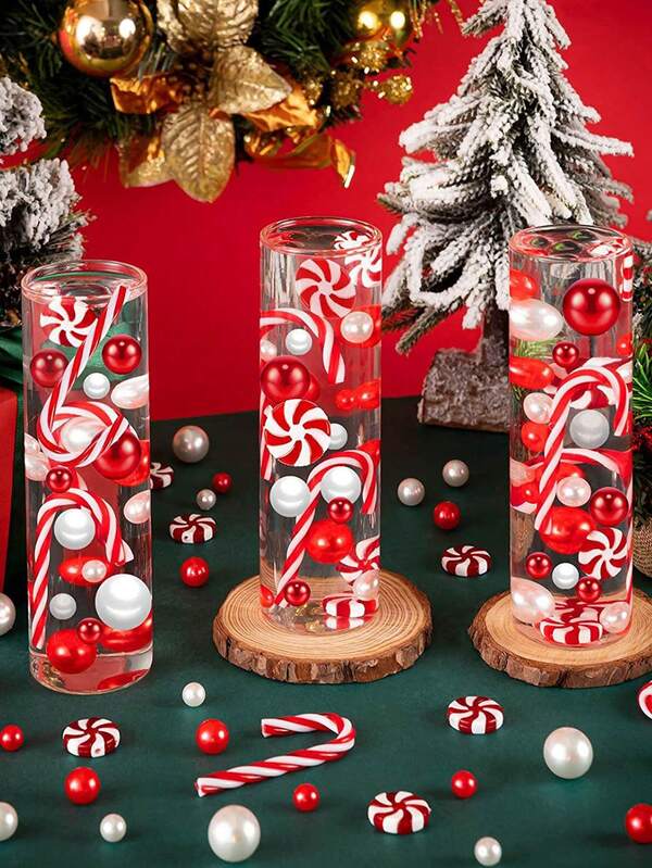 6054 piezas/1 paquete Perlas de relleno para jarrón navideño, relleno de bastón de caramelo rojo para jarrón, perlas flotantes falsas rojas y blancas para decoración central de mesa, usado para bodas, Navidad, fiestas de cumpleaños, Año Nuevo, Festival de Primavera, reuniones, decoración de jarrón de mesa interior, accesorios navideños