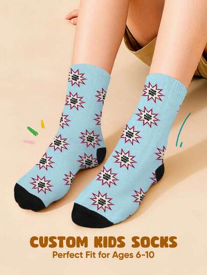 1 par anpassningsbara barnstrumpor - Personliga med ditt foto, Färgglada och roliga barnstrumpor, Lämpliga för pojkar och flickor, Passar barn i åldrarna 6-10, Mjukt och bekvämt material med elastisk mudd, Perfekt för vardagsbruk