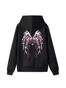 女士复古美式黑色烟熏骨刺翅膀印花保暖宽松休闲卫衣，带口袋，秋冬款 - 黑色 - 查看 14