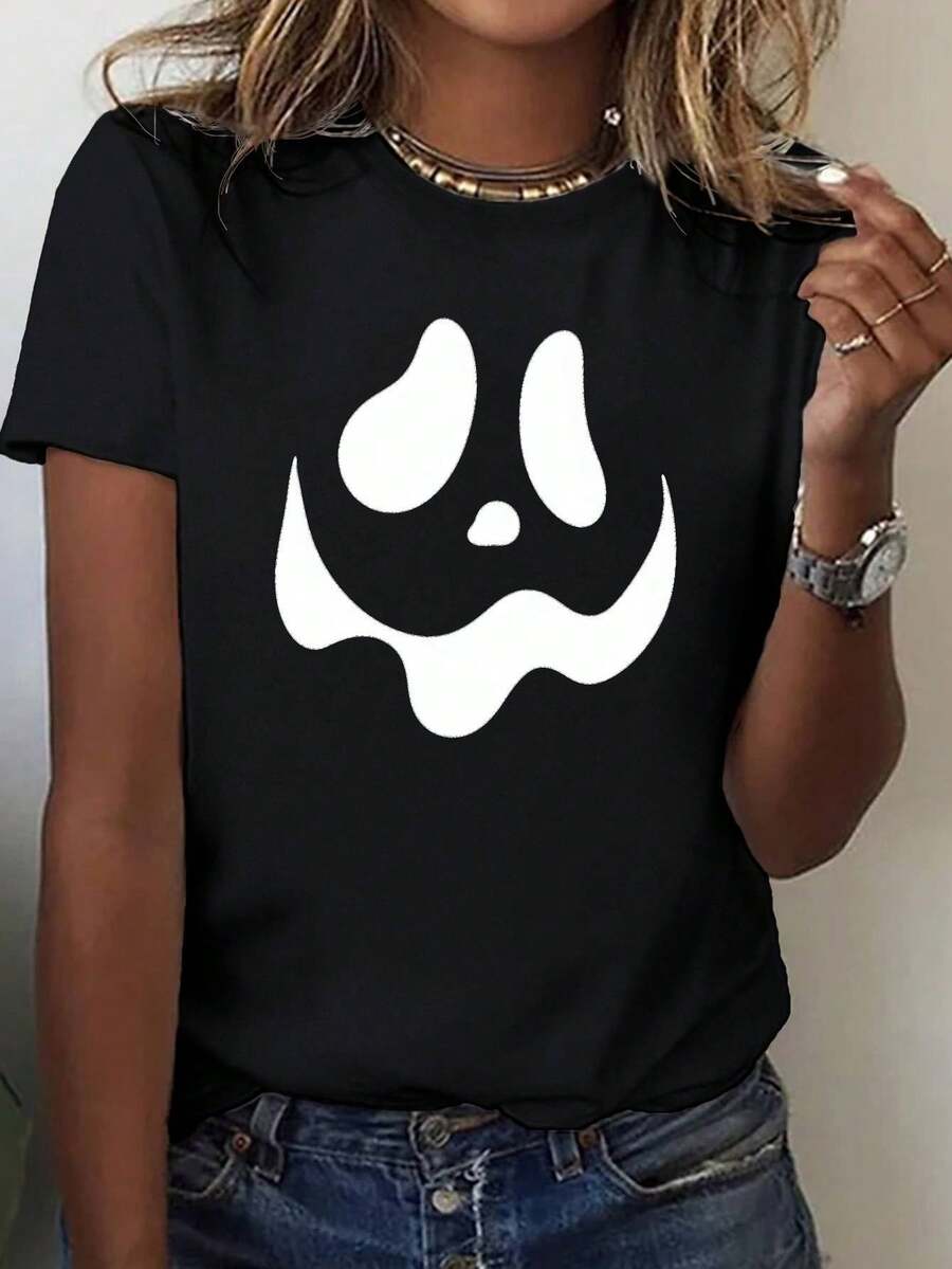 Camiseta de Halloween para mujeres - Negra con ojos fantasmales blancos - Ropa ligera y casual para fiestas de Halloween, uso diario en verano - Camiseta cómoda para todo el año - Regalo perfecto de Halloween para mujeres, ropa de Halloween, atuendo festivo, diseño juguetón, tejido cómodo, parte superior de manga corta, compradores de vacaciones, moda estacional, diseño de dibujos animados, material transpirable, camiseta gráfica, compradores de vacaciones.