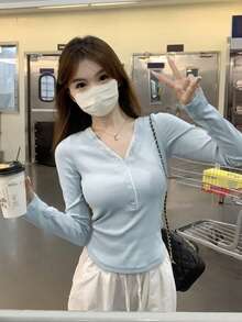 Women's Autumn/Winter Half-Open Collar Button Lace Patchwork 2 In 1 Long Sleeve T-Shirt