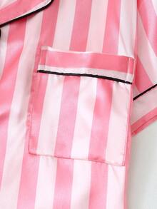 女士夏季两件套缎面条纹短袖翻领上衣和蝴蝶结条纹短裤睡衣套装 - 粉色 - 查看 4