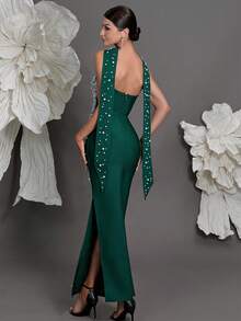 Knitted Bandage Bodycon Dress, Embellished With Rhinestones, Luxury European Style, Slim Fit, Mermaid Hem, Suitable For Family Gatherings, Parties, Cocktail Events