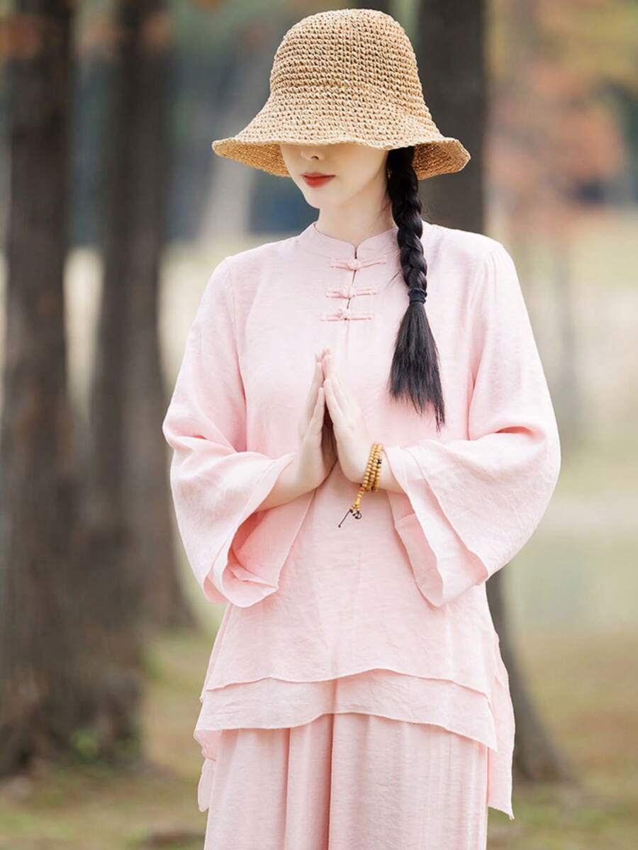 LUCIDVUE 2pcs Women's White Improved Hanfu Set, Chinese Style Asymmetric Design Tang Suit, Retro Button Flare Sleeve Linen Top And Casual Lantern Pants, Suitable For Spring/Summer Zen Tea Ceremony, Yoga, Tai Chi Pink - Pink - View 1
