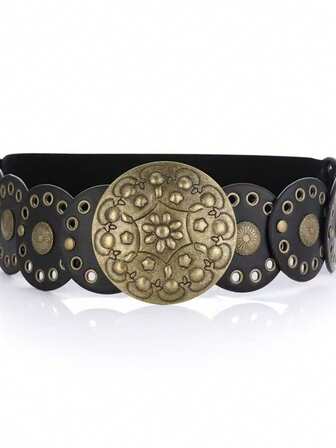 Vintage Waist Belt For Women, Elastic Waist Decoration For Skirts, Sweaters, Rivet Embellished Round Buckle Waist Strap, Solid Color Bohemian PU Leather Waistband, All Season