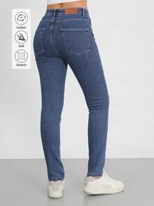 Women's Lightly Stretchy And Pocketed Long Straight Design Skinny Jeans - Navy Blue - View 5