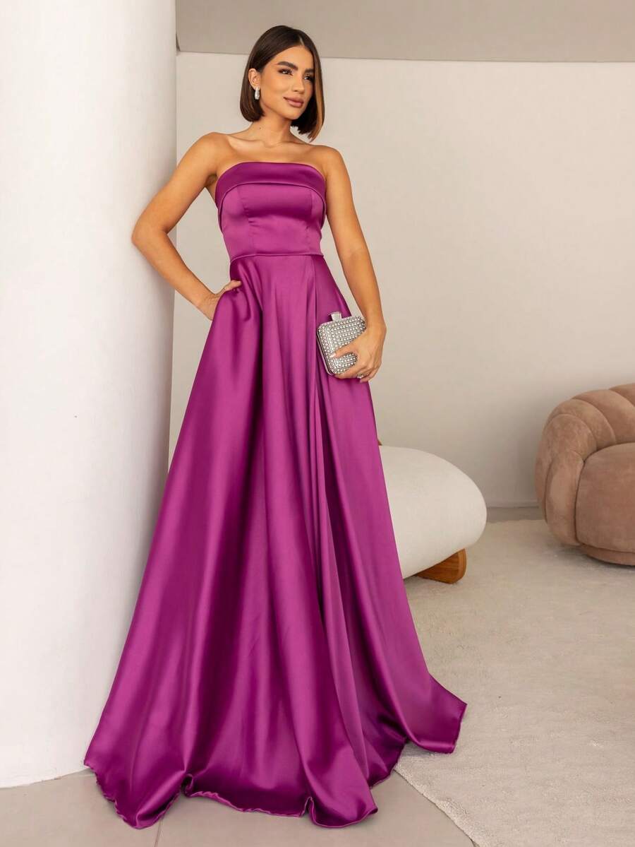 SATIN PARTY DRESS WEDDING BRIDESMAIDS GRADUATES STRAP-OFF - FUCHSIA - View 1