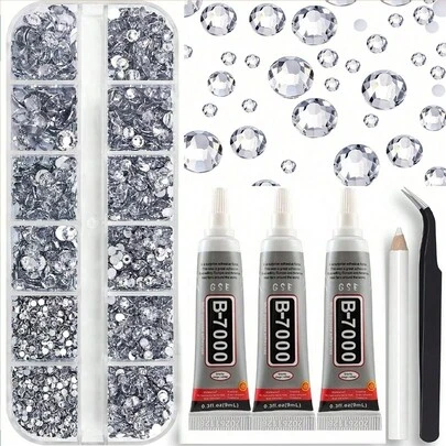 Set de 3 piezas de pegamento B7000 de 9ml, 4000 piezas de cristales de imitación plateados y transparentes de 2-6mm en 5 tamaños surtidos (negro, blanco transparente) para manualidades, ropa, zapatos, camisas y joyería artesanal con gemas planas brillantes