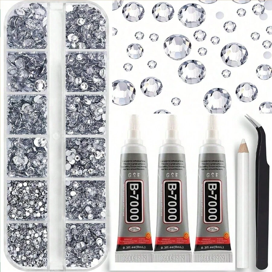 Set de 3 piezas de pegamento B7000 de 9ml, 4000 piezas de cristales de imitación plateados y transparentes de 2-6mm en 5 tamaños surtidos (negro, blanco transparente) para manualidades, ropa, zapatos, camisas y joyería artesanal con gemas planas brillantes