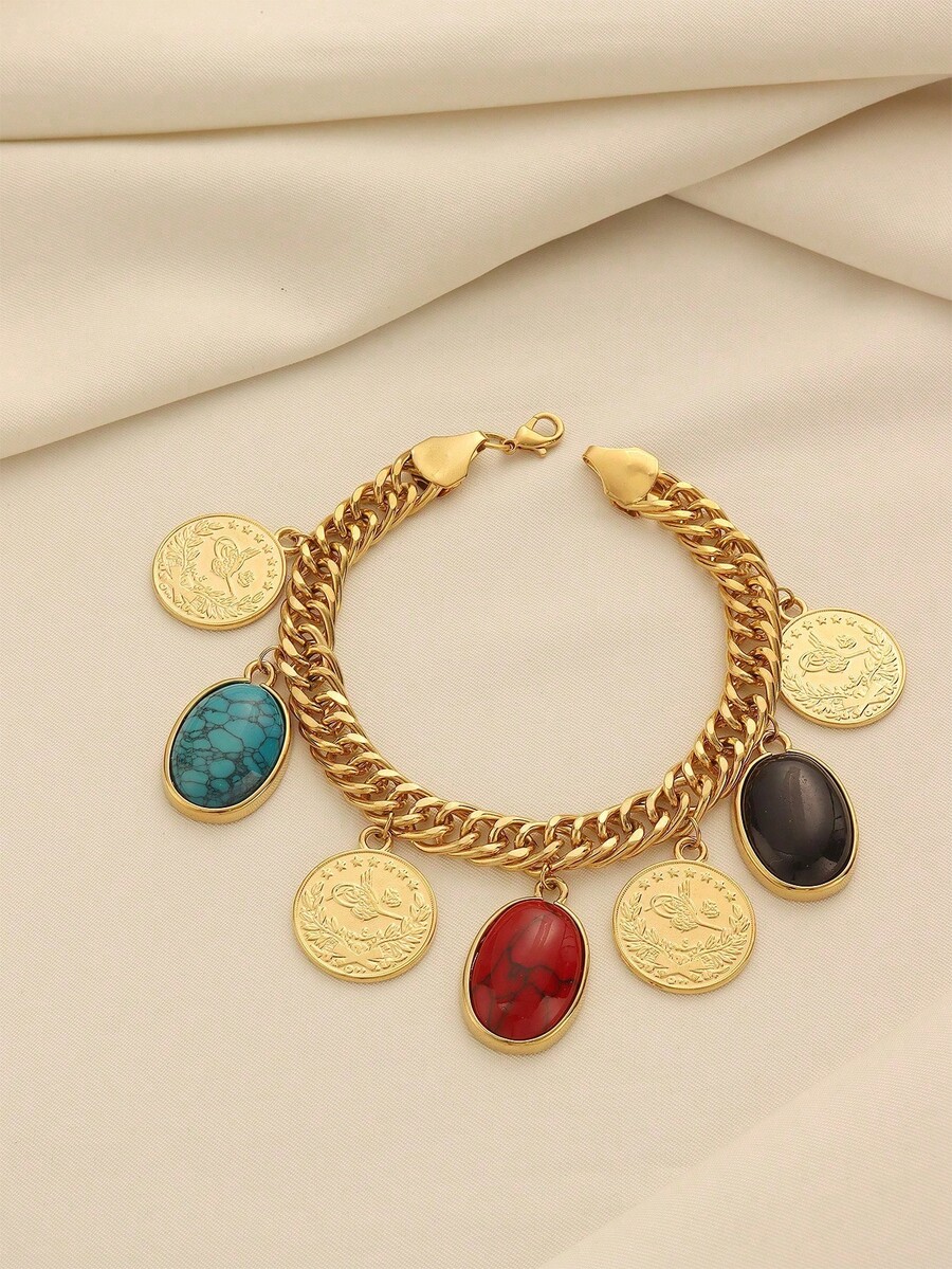 1pc Elegant Vintage Copper Alloy Gold Plated Coin & Ball Pendant Chunky Chain Bracelet, Suitable For Women Everyday Wear And Holiday Gift