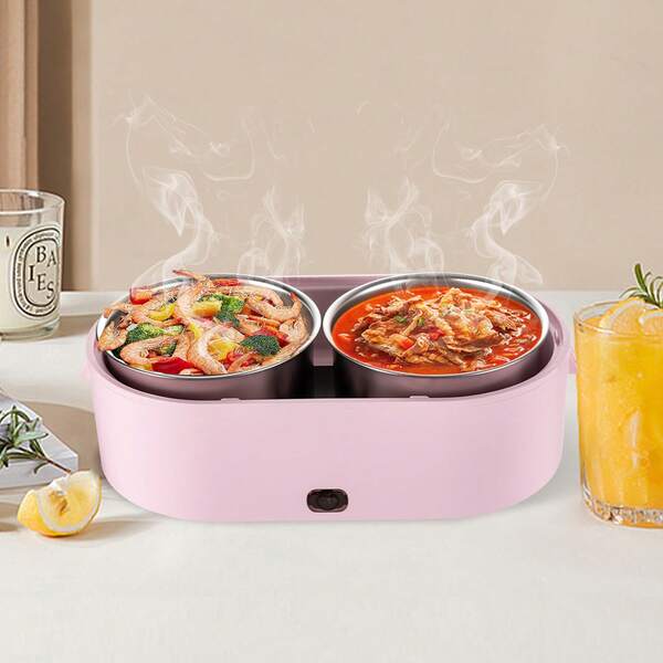Portable USB Electric Heated Lunch Box (Pink) - 304 Stainless Steel 2-Bowls, 800ml Capacity For Car/Home/Office, 5V 12W Water-Free Heating, Leak-Proof Seal, Easy Clean