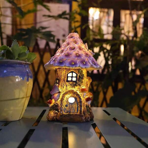 Solar Fairy House Garden Statue Lights Mushroom House With Purple Flowers Cover The Roof, Vivid Butterflies Decoration Solar Powered Garden Light For Outside Patio Balcony Yard Lawn Decor