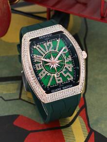 1pc Men's Luxury Starry Sky Barrel Shaped Watch With Silicone Strap - Green - View 4
