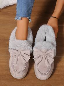 【秋冬保暖必备】保暖内衬蝴蝶结套脚鞋，仿毛皮宽松鞋，欧美风大码女鞋，舒适百搭保暖鞋履