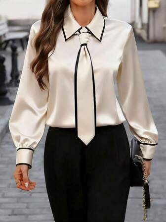 Women's Elegant Chic Contrast Trim Tie-Neck Blouse