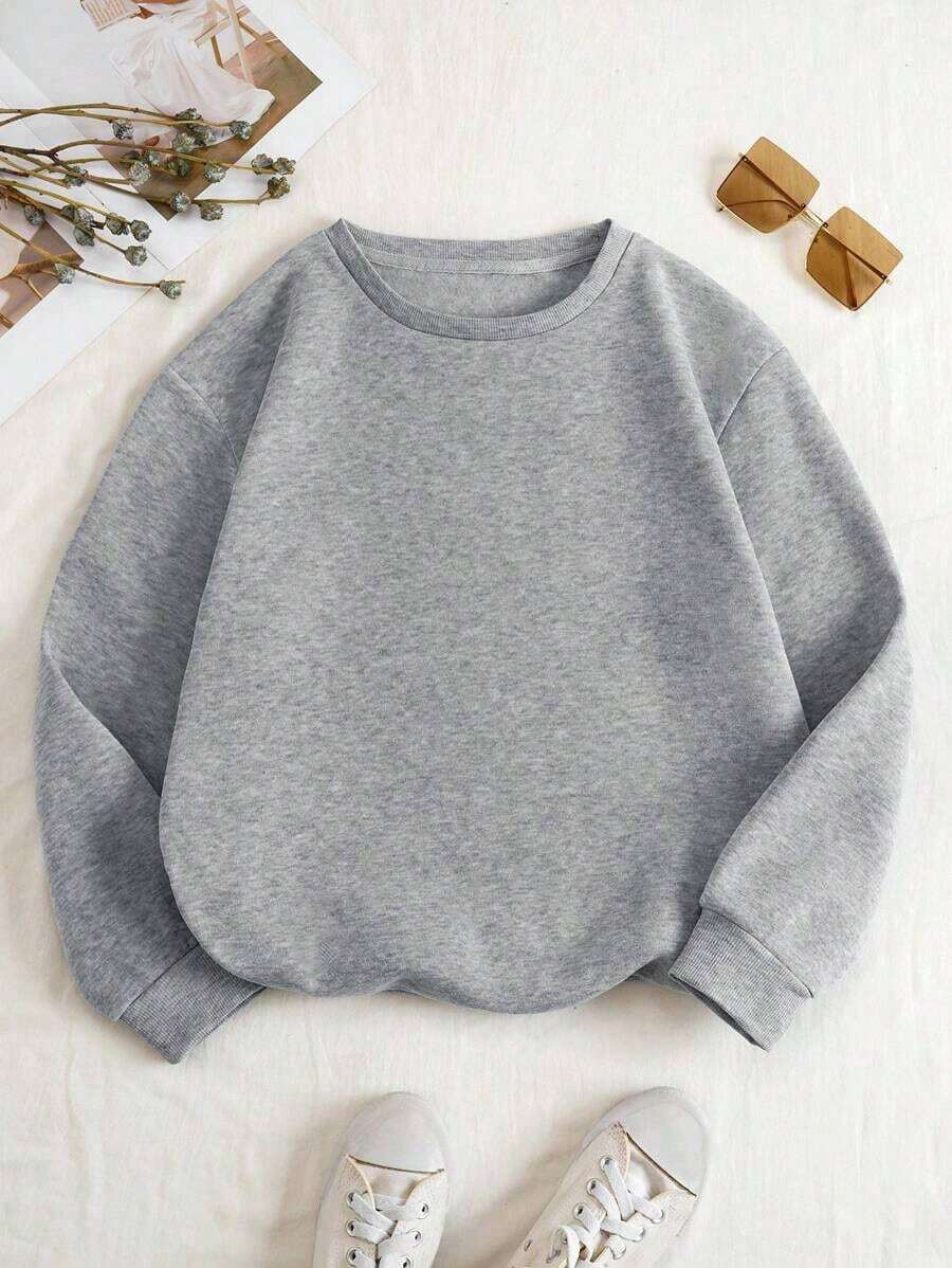 ClothesINAWLY Solid Drop Shoulder Thermal Lined Sweatshirt,Long Sleeve Tops Graduation,Back To School Fits,Graduation,Teacher Fits For Women,Back To S - 淺灰色 - 查看 1