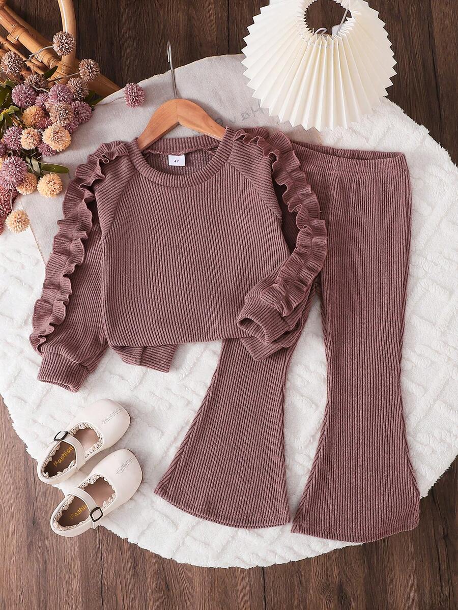 2pcs/Set Young Girl Brown Floral Trim Long Sleeve Sweatshirt And Flared Pants, Autumn/Winter - Brown - View 1