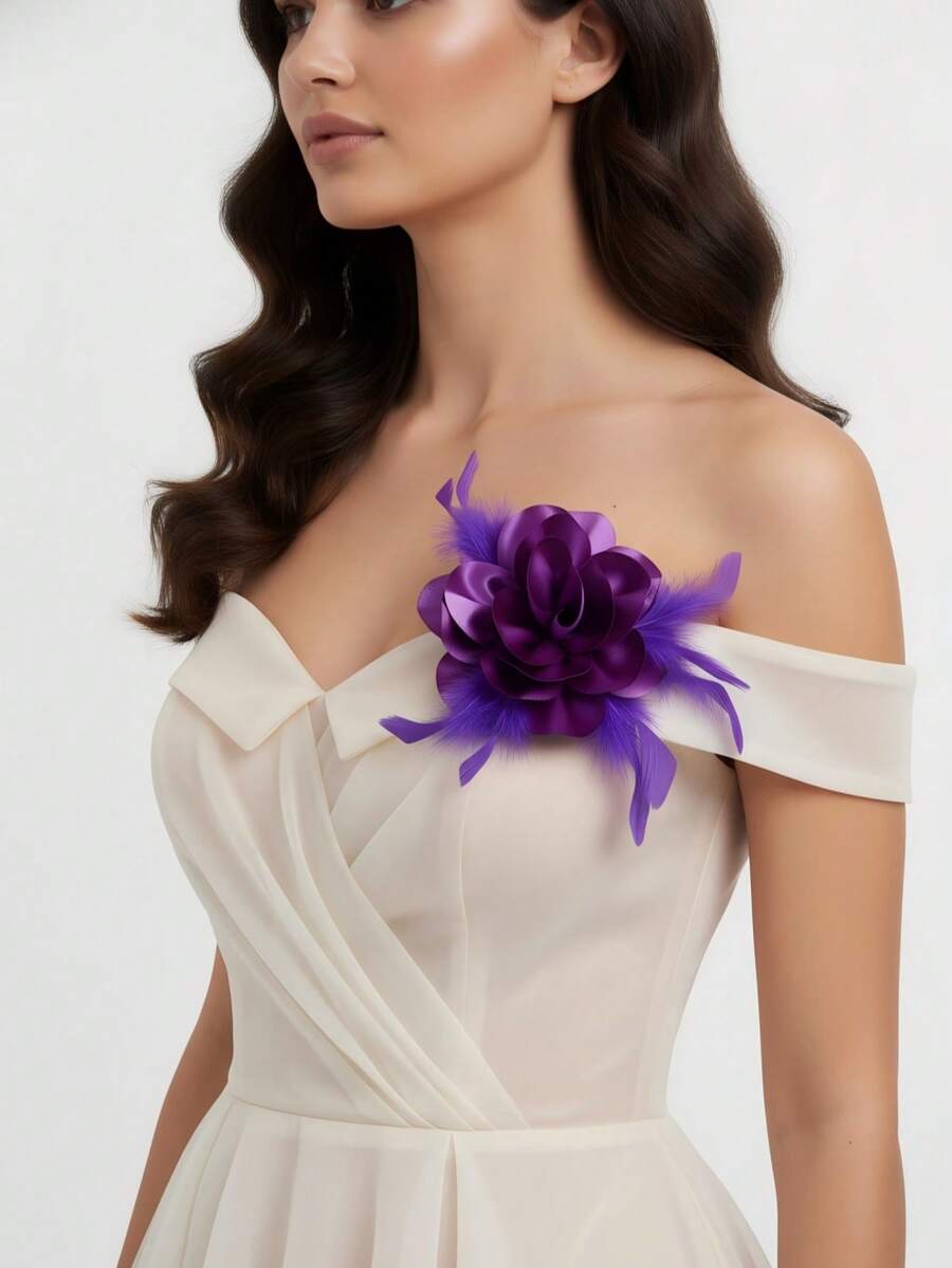 20cm 2025 Autumn/Winter Elegant Satin Rose Flower Feather Brooch, Fashion Clothing/Shoe/Bag/Hat Accessory, Versatile Design - Roses - View 1