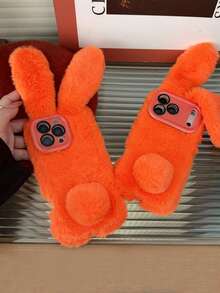 Fluffy Rabbit Winter Phone Case Compatible With IPhone 17 Pro Max, Lens Holder, Orange, Warm Plush Cover For IPhone 16, 15, 14 Anti-Drop Protection
