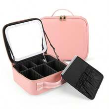 Bolsa de maquillaje profesional | Organizador de maquillaje de viaje con espejo LED, luz tricolor, divisores ajustables y portabrochas - Organizador portátil para maquilladores - Rosa - Ver 7