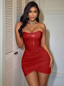 Yuwenier 2000s Style Asymmetrical Hem Ruched Mesh & PU Leather Bodycon Mini Dress, Suitable For Valentine's Day, Music Festival, Wedding And Other Occasions - Red - View 5