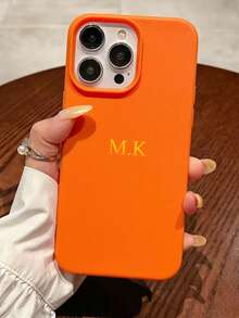 Funda personalizada con patrón de imitación de piel de lichi con elementos iniciales del alfabeto, compatible con iPhone 17, 16, 15, 14 Pro Max, 13, 12, 11 Plus, X, XS, XR. Gran regalo para cumpleaños, aniversario, boda, primavera, vacaciones para hombres, mujeres, padres - Naranja - Ver 4