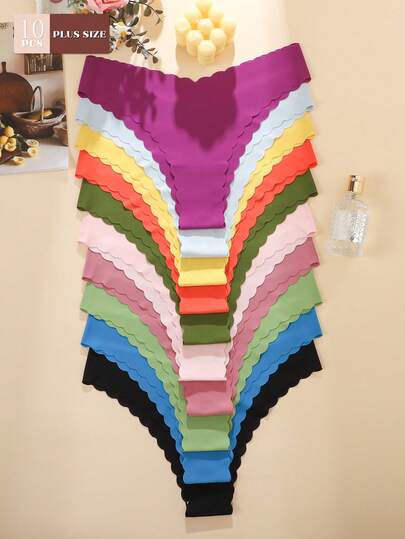 10pcs Plus Size Women's Sexy & Comfortable Wavy Hem Printed Bikini Briefs