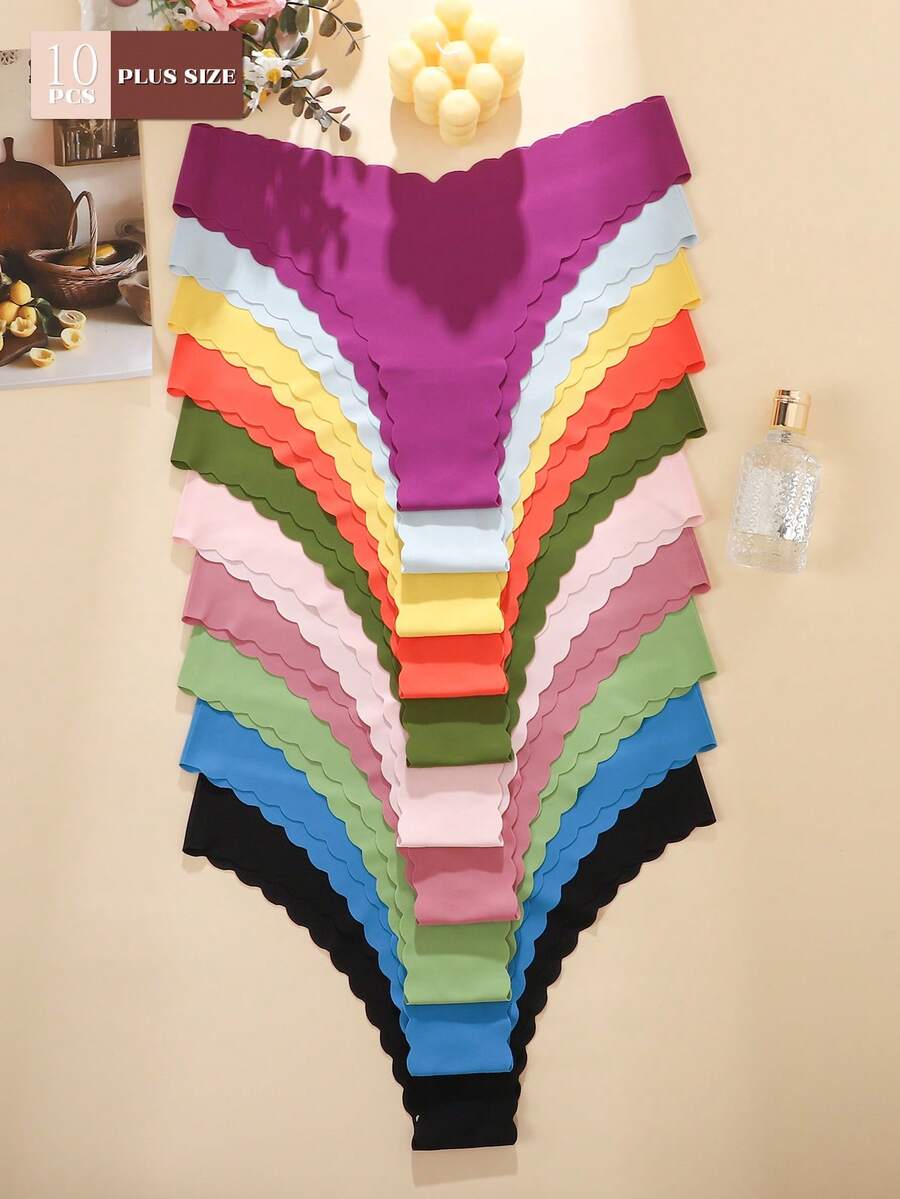 10pcs Plus Size Women's Sexy & Comfortable Wavy Hem Printed Bikini Briefs - Multicolor - View 1