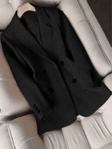 Solid Color Single Button Long Sleeve Single-Breasted Waistcoat Suit Pants Two-Piece Set - Black - View 3
