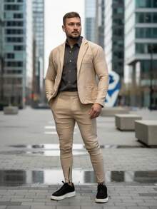 Men's Set Blazer Pants Slim Suit Formal Fashion - Beige - View 5