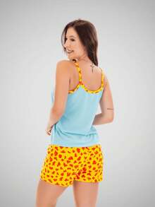 Women's Silk Print Short Doll Pajamas With Comfortable Straps - Màu xanh nhạt - Xem 4