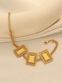 1pc Elegant Vintage Copper Alloy Gold-Plated Cube Link Chain Bracelet, Suitable For Women's Daily Wear And Holiday Gifts