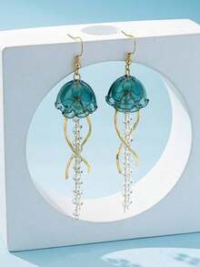 1 Pair Cute Jellyfish Design Drop Earrings, Vintage Long Tassel Earrings, Unique Ocean-Style Jewelry Accessory, Perfect Gift For Women And Girls - Green - View 2