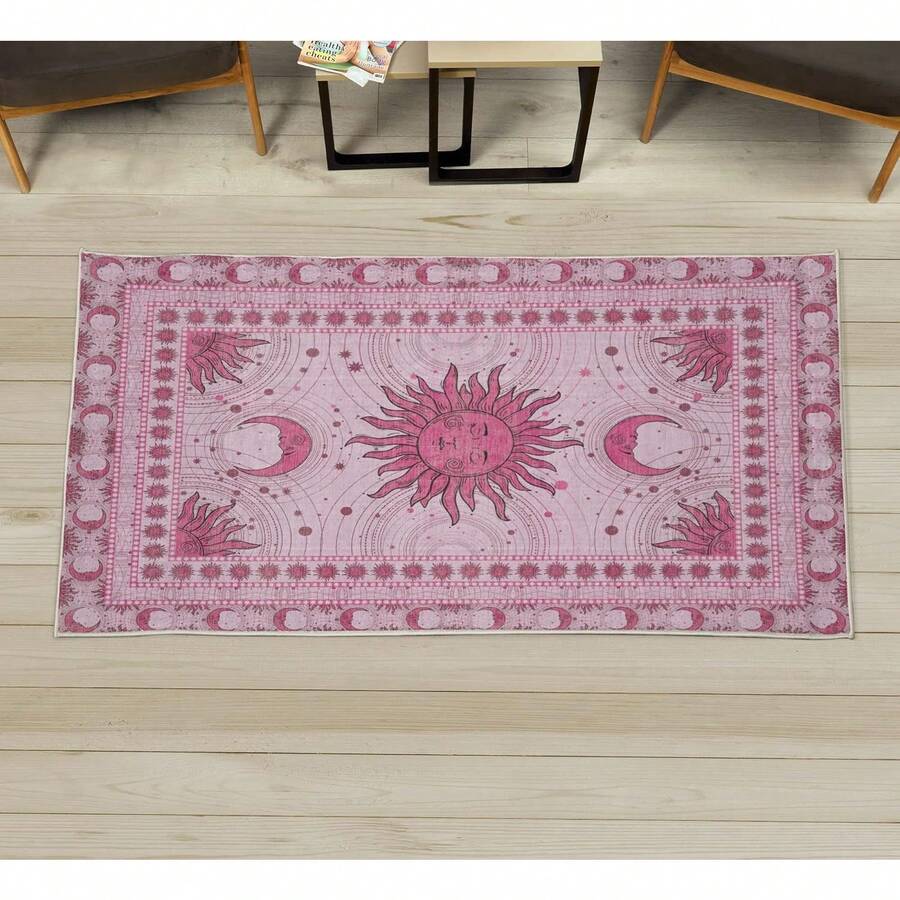 Retro Mid Century Abstract Pattern Rug On Ivory Background, Dark Orange And Reseda Green, 4' X 5' 5", Ideal For Bedroom, Dorm And Living Room - Pink - View 1