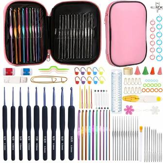 EDCUEBE7 ชุดโครเชต์และนิตติ้งที่สมบูรณ์พร้อมเข็มอะลูมิเนียมตามหลักสรีรศาสตร์, เข็มโครเชต์สแตนเลส, กระเป๋าเก็บของ & อุปกรณ์เสริม - ของขวัญที่สมบูรณ์แบบสำหรับผู้ที่ชื่นชอบการถัก, สีต่างๆ
