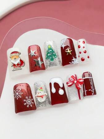10pcs/Set Handmade Acrylic Press On Nails Short Duckbill Shaped Nails, Christmas Nails, Sparkling Red Nails, Santa Claus, Snowman, Christmas Tree, Snowflake Pentagram, Checkered Nails, Sparkling Nails, Silver Nails,Detachable Fake Nails, Nail Supplies Nail Art,Suitable For Party, Dance, Daily Wear, Student Party, Press-On And Reusable, With Jelly Glue And Nail File DIY Nail Supplies