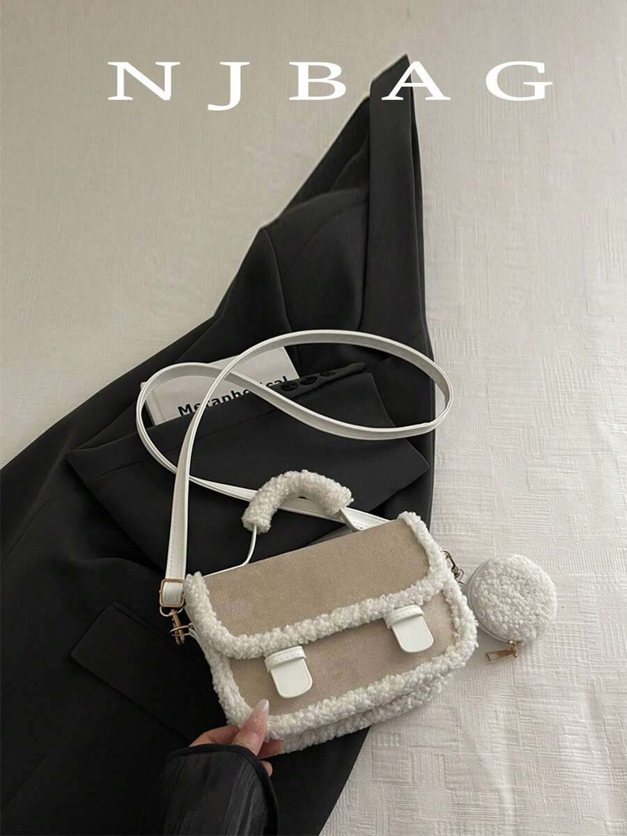 迷你简约扣毛绒边女式毛绒斜挎包，秋冬新款时尚优雅可爱柔软仿麂皮托特包，大容量单肩包，可调节肩带，休闲户外和日常使用礼物，新款女式皮草包