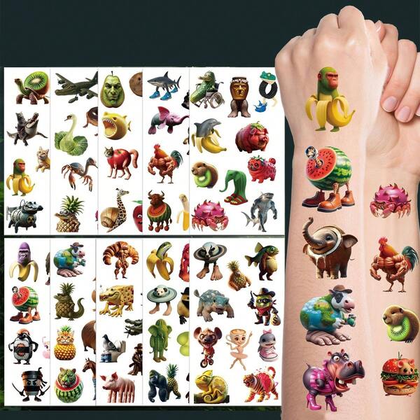 10Pcs/Pack Italian Brainrot Cartoon Kawaii Party Supplies Temporary Tattoo Stickers Tung Tung Tung Sahur Tralalero Tralala Bombardiro Crocodilo Lirili Larila Glorbo Frutto Drillo Waterproof Body Art Sticker Gift Decoration Accessories