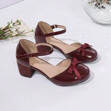 1 Pair Burgundy Bow Sequin Chunky Heel Shoes, Sweet & Cool Fashion Item