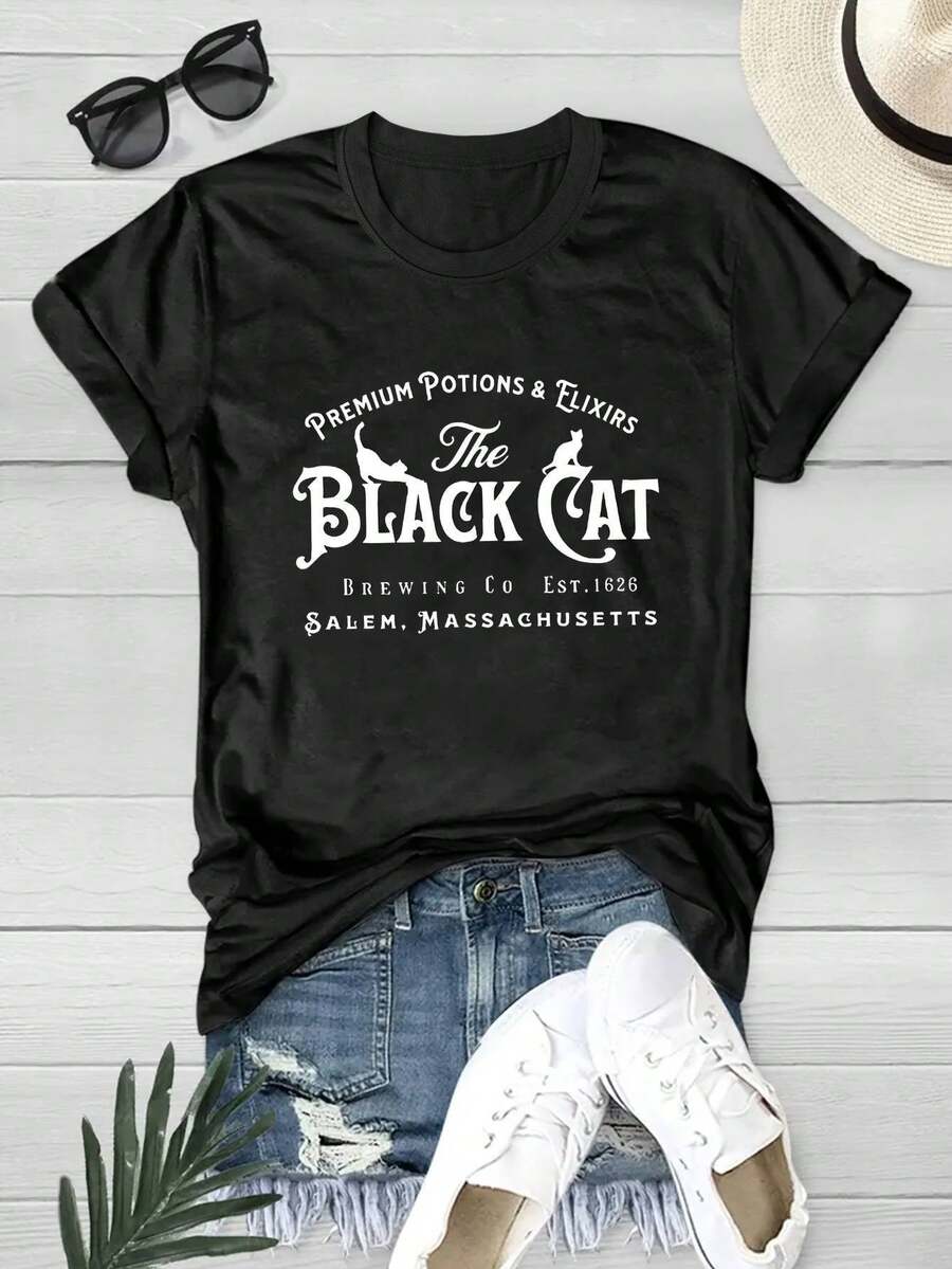 Camiseta Vintage de Mujer con Diseño de Gato y Brujería de Salem - Estampado del Gato de Salem con Poción y Hada, Manga Corta, Cuello Redondo, Ajuste Holgado y Casual, Ligera y Cómoda para Todas las Estaciones, Tallas S-3XL, Atuendo Temático de Brujas para Eventos Temáticos y Ropa Casual (Lavable a Máquina) - Inspirada en los Juicios de Brujas de Salem y la Serie de TV Charmed