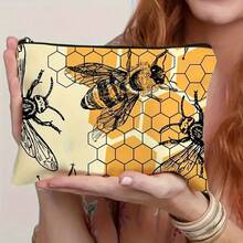 Sac de maquillage imprimé avec motif mignon de miel et fermeture éclair. Sac de cosmétiques et de toilette au style boho floral. Sac réutilisable pour médicaments, sac de rangement pour stylos et accessoires esthétiques animaux. Sac de rangement pour le maquillage et les voyages. Pour l'école, la décoration d'été, le rangement de collations. 23 cm x 15 cm