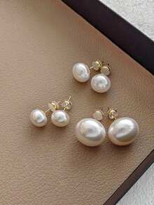 3 Pairs Retro Minimalist Elegant Faux Pearl Stud Earrings Set, Chic Lightweight Earrings Suitable For Women's Daily And Holiday Wear - Hoa anh đào màu hồng - Xem 11