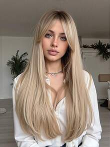 26 Inch Gradient Straight Hair Wigs With Bangs Synthetic Fiber Hair Replacement Wigs For Women Girls