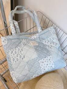 1 PC Printed Floral Patchwork Women Elegant Casual Quilted Shoulder Tote Bag Portable Large Capacity Shopping Bag Mommy Bag, For Office Commuting Travel And Vacation Essentials Cosmetics Makeup Toiletry Storage Bag, For Mobile Phone, Wallet, Sanitary Napkins, Keys, Laptop Computer, Wired Earphones, Earpods, Headphones, Charger, Lipsticks, Perfume, Skin Care And Beauty Products, Friend Gift Holiday Gift, Gifts For Women, Christmas Gifts, Gift Ideas For Women