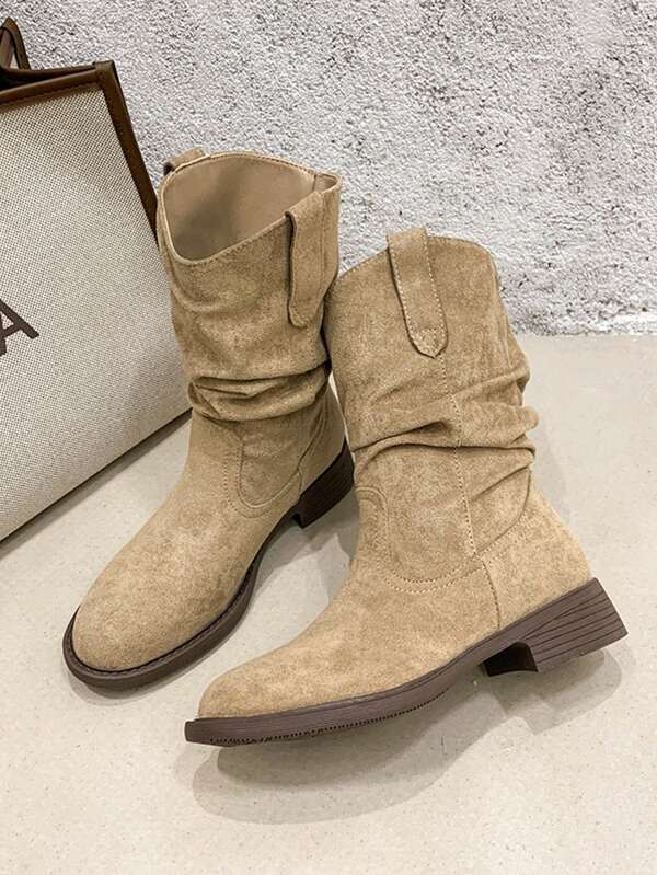 Women's Suede Pleated Over-The-Knee Boots, New Autumn/Winter Round Toe Chunky Heel Mid-Calf Boots, Western Style Holiday Boots