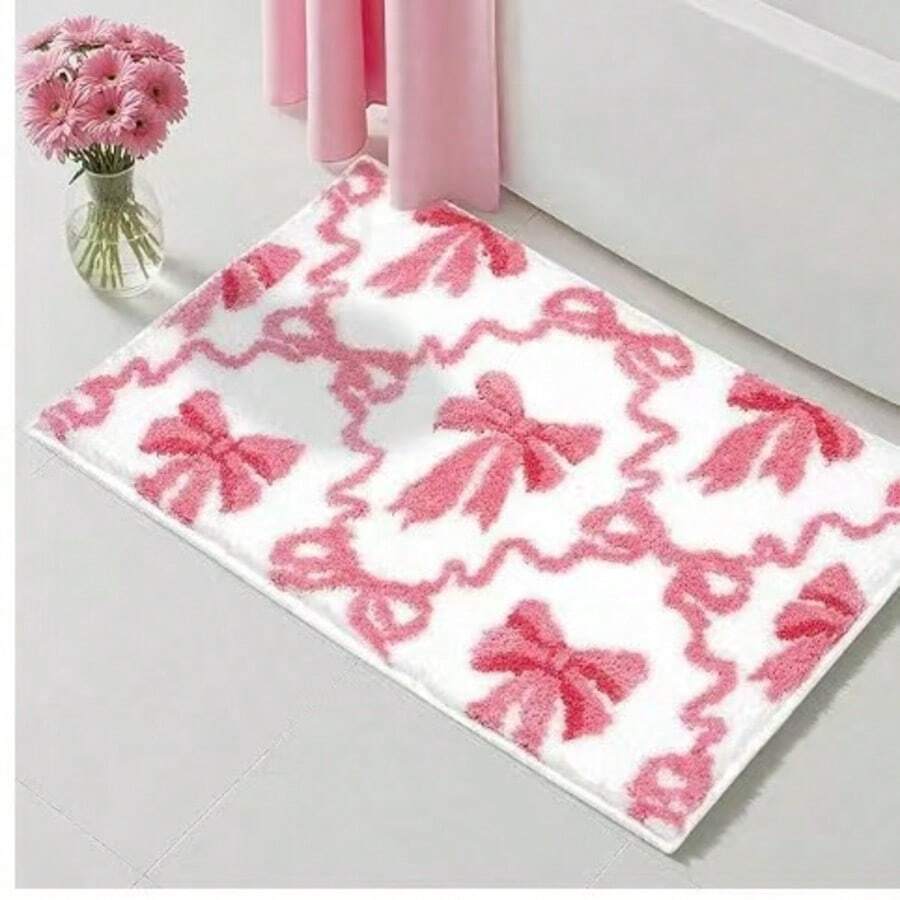 1pc, Ribbon Bathroom Mat, Bathroom Rug, Door Mat, Rug, Carpet, Floor Mat, Home Decor, Area Rug, Outdoor Mat, Home Decor, Area Rug, Bedroom Rug, Washable Rug. - Red and White - View 1
