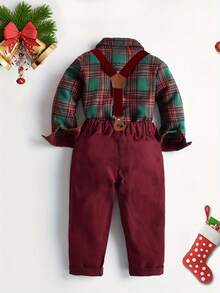 BOARNSEORL 2 件套年轻男孩绅士装 - 格子长袖衬衫，带蝴蝶结和红色吊带裤，时尚，适合生日派对、除夕夜、婚礼、迎婴派对、圣诞节 - 紅色 - 查看 5