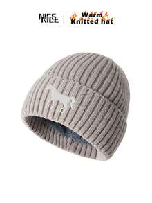 1 pieza Gorro de punto con bordado de caballo blanco para hombres, gorro unisex con forro polar cálido de estilo Y2K, gorra resistente al viento, regalo ideal para amigos y familiares, otoño/invierno